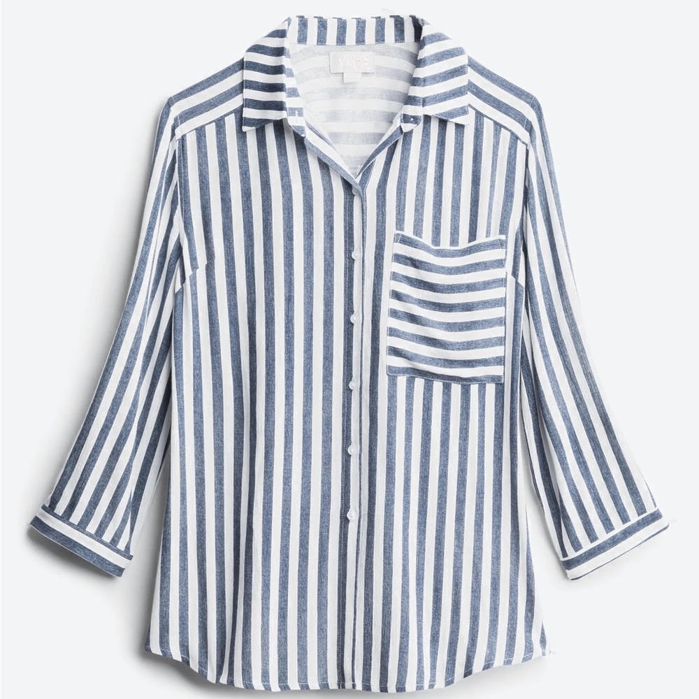Blue and white striped button down